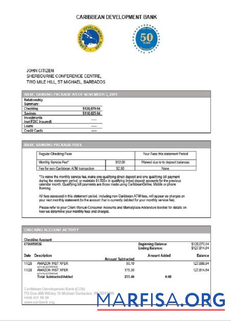 Downloadable Barbados Caribbean Development bank statement word template
